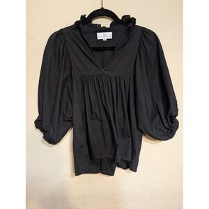 Never A Wallflower Blouse Ruffle Neck‎ Balloon Sleeve Top Black XS